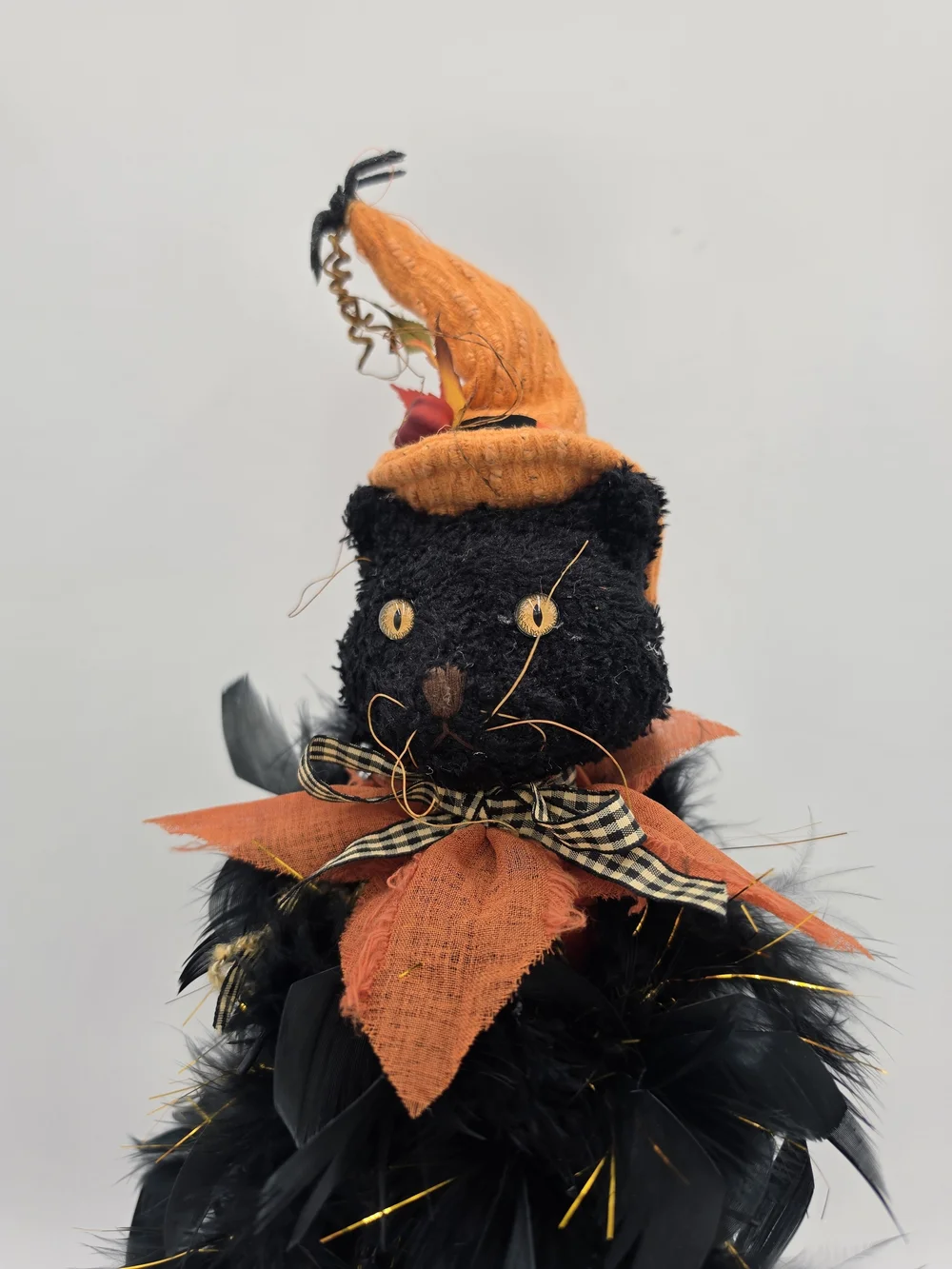 Halloween Black Feathery Cat Décor with Orange Hat